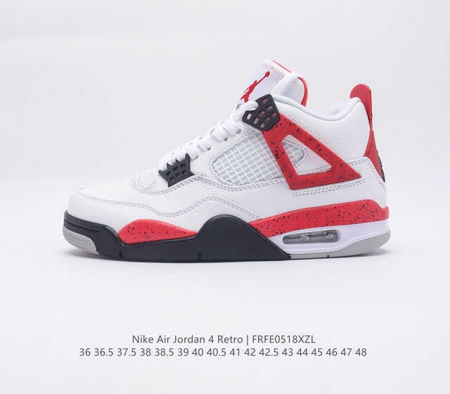 Air Jordan 4 Retro 红水泥 AJ4 乔丹4代 aj4 乔4 红水泥 乔丹篮球鞋系列 以白色鞋身辅以水泥红和黑色装扮 鞋舌上经典的 4 代 J